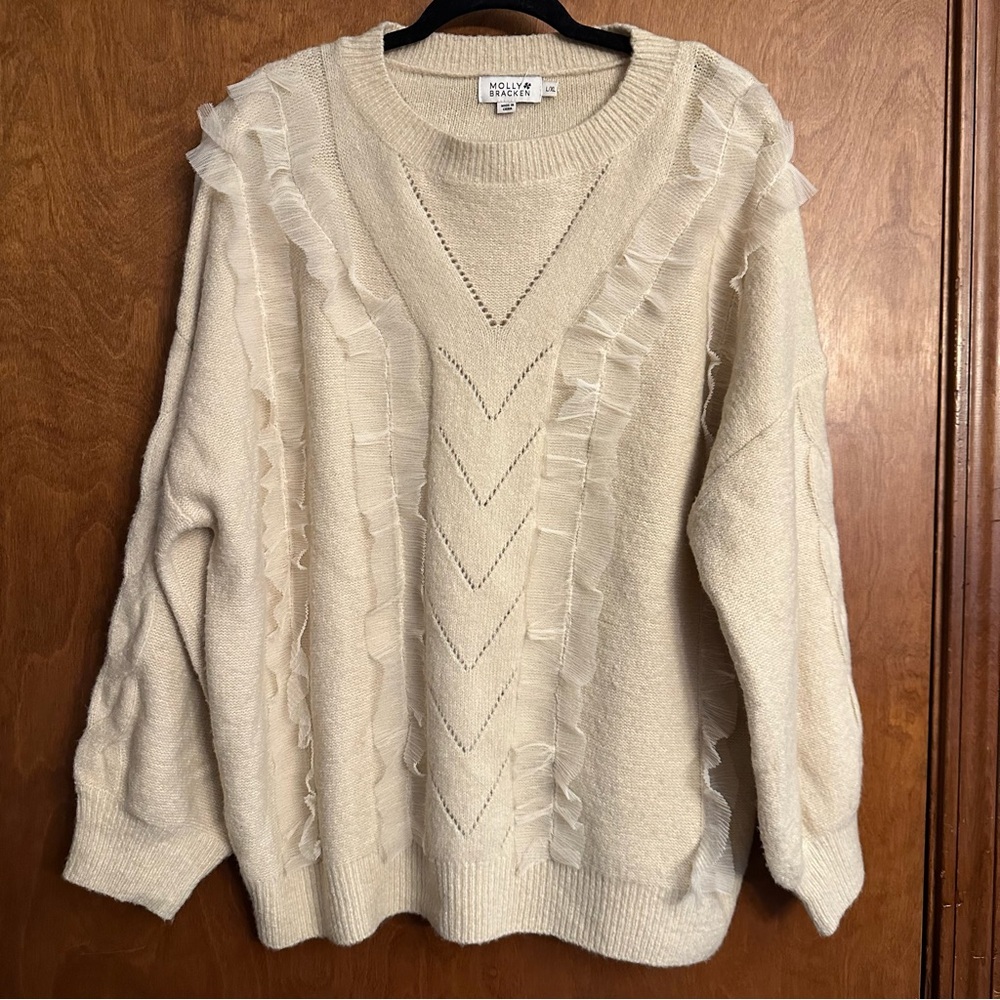 Molly Bracken Cream Beige Long Sleeve Sweater Ruffle Crewneck Knit Large / XL